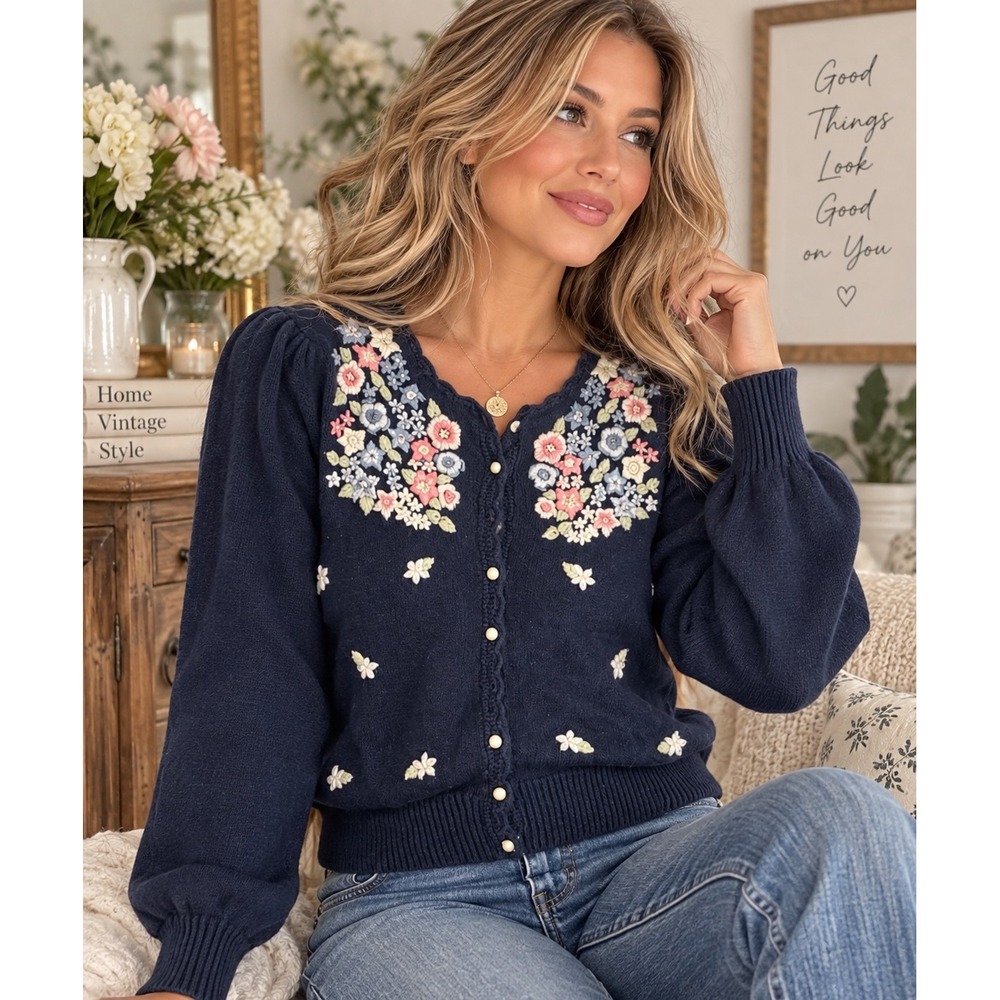 Sarit Vintage Floral Embroidered Cardigan Sweater Navy Blue Ramie Cotton Large